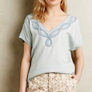 Anthro Holding Horses Blue Chambray Braided V Neck Blouse Size Large Petite